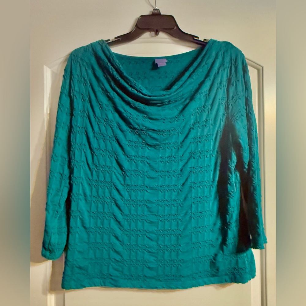 Laura‎ Scott Blouse Women XL Teal Cowl Neck Smocked Textured 3/4 Sleeve